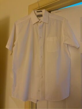 Solid White Button Up Dress Shirt Mens 16, Short Sleeve   Preowned. GUC